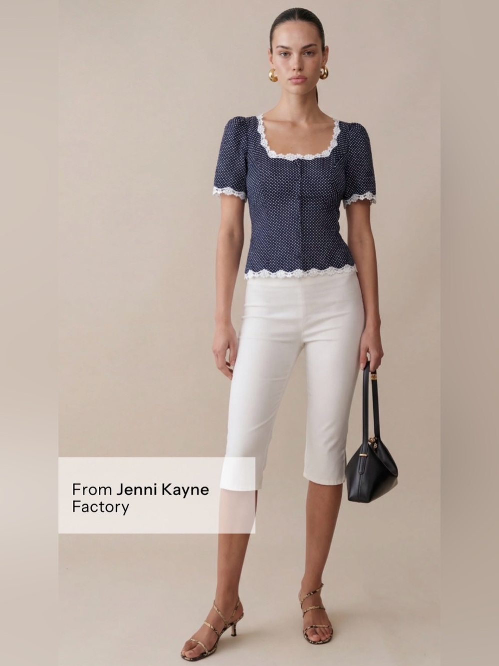 kourt Wilma 100% Linen Top Navy Polka Dot Lace Trim Size 4 NWT